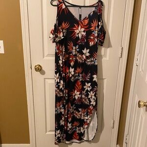 Tropical Floral Cold Shoulder Maxi Dress